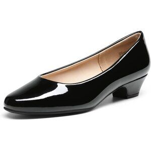 Dream Pairs Women's Black-pat Closed Pointed Toe Low Chunky Heel Pump Shoes
